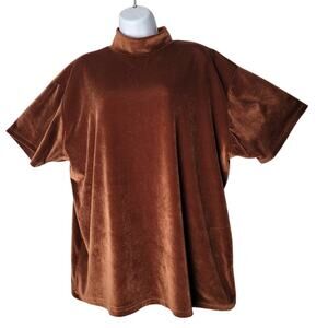VTG Y2K Plus 3X Brown Velvet Mock Neck Top Short Sleeve Stretch Extra Point